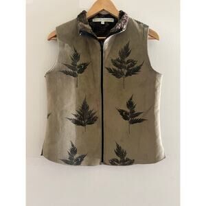 Robert Kitchen Canada Vest Faux Suede Sage Green w Leaf Print Faux Fur Small JL